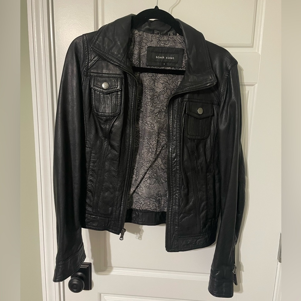 Black Rivet Genuine Black Leather Jacket. Size S.